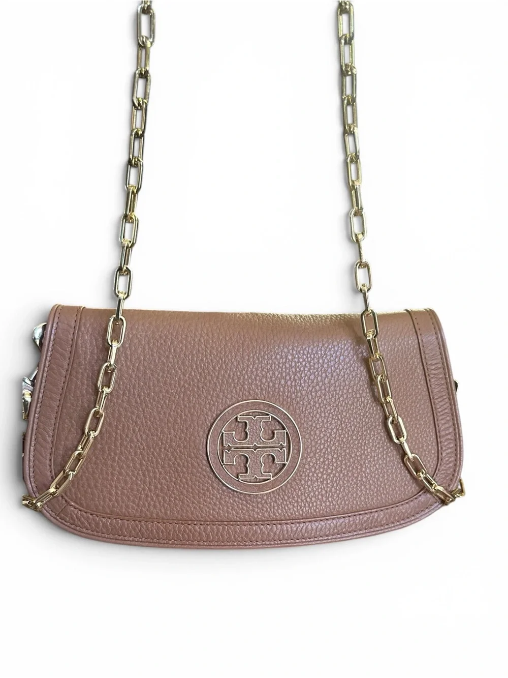 Tory Burch Amanda Taupe Pebbled Leather Chain Shoulder Crossbody Bag